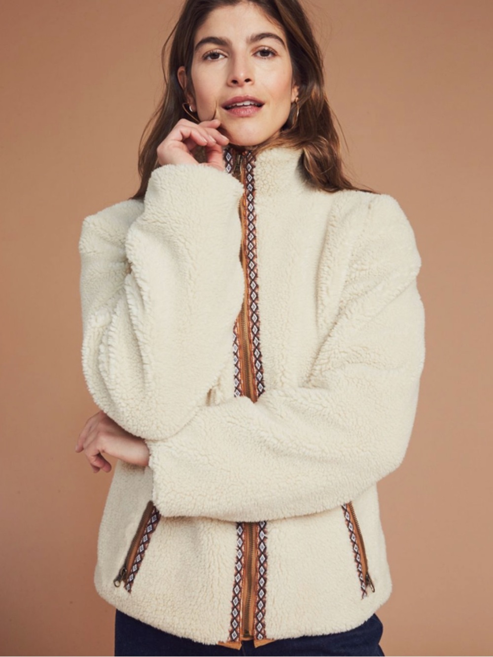 Faherty Ashbery Sherpa Jacket Small Cream Tan Brown Zip Up Teddy Trim Design